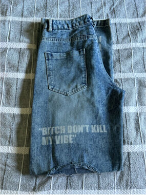Distressed Wide Leg Jeans, Blue, White Text